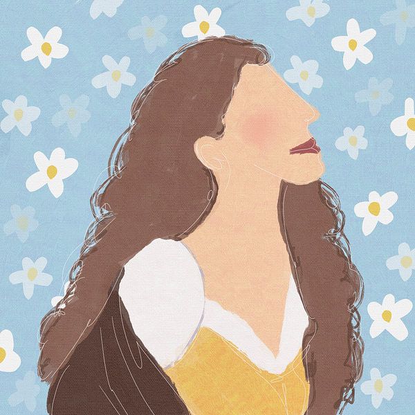 Olieverfschilderij van een meisje met krullend haar en bloemen op de achtergrond van Ayi Sri Rahayu