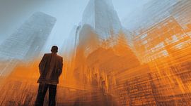 Businessman in front of futuristic cityscape in orange and blue by Annabell Gsödl