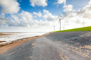 Windmolens aan de Waddenzeedijk bij de Eemshaven in Groningen van Evert Jan Luchies