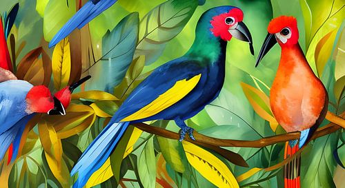 Twee exotische vogels op een tak