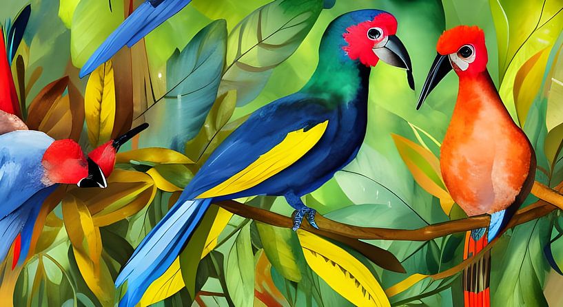 Zwei exotische Vögel auf einem Ast von Betty Maria Digital Art