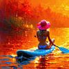 La femme au chapeau de soleil rose sur son paddleboard - Dans le silence flamboyant du soir : un moment entre peau d'été, ciel safrané et harmonie intemporelle sur le lac de la forêt sur AidasignArt