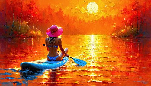 De vrouw met de roze zonnehoed op het waterfietsboard - In de vlammende stilte van de avond: een moment tussen zomerhuid, saffraankleurige lucht en tijdloze harmonie op het bosmeer