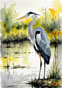 Grijze reiger aquarel van MIROKKU