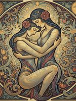 Étreinte de deux femmes - Illustration romantique Art Nouveau