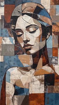 Portrait expressif d'une femme - orange, brun rougeâtre, beige et taupe - couleurs terreuses - méditation