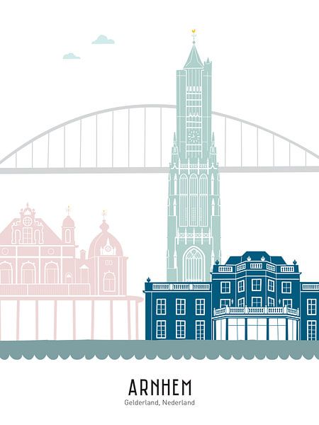 Skyline illustration city Arnhem in color by Mevrouw Emmer