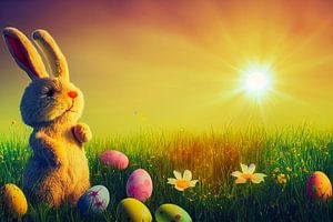 Ostereier im Gras mit Sonne und Osterhase, Illustration