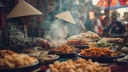 Straatmarkt in Vietnam met kookwinkel en dampend eten