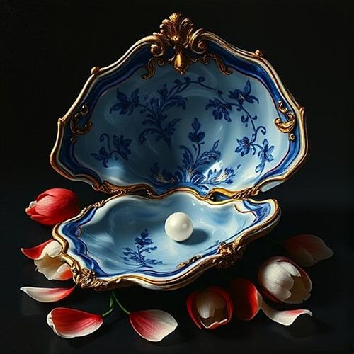 Oester met parel delfts blauw art.