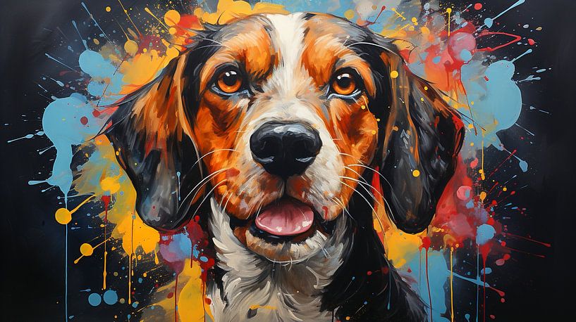 Peinture d'un visage de chien beagle avec des éclaboussures de peinture colorée par Animaflora PicsStock