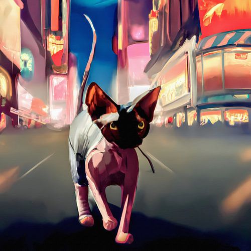Roze met zwarte Sphynx kat loopt vol zelfvertrouwen door de nachtelijke straten van new York