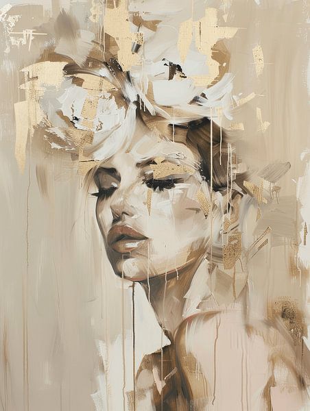 Modern abstract portrait in golden tones by Carla Van Iersel
