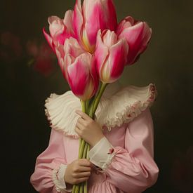 Portrait rêveur avec un bouquet de tulipes roses sur But First Framing