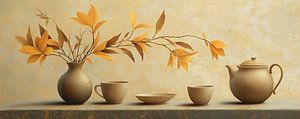 Blumenvase | Tisch mit goldenen Blättern
