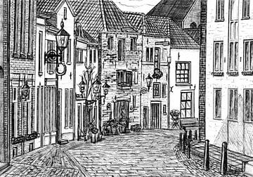 Zeichnung einer Straße im Zentrum von Deventer von Lonneke Kolkman