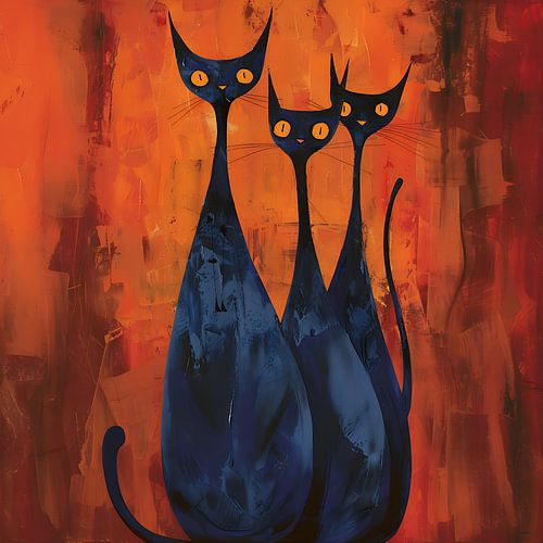 Drie gezellige katten in koningsblauw en oranje, rechthoek