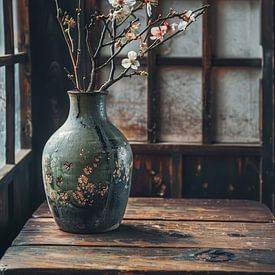 Japanisches traditionelles Stilleben mit blauer Vase und weißen Blumen von Digitale Schilderijen