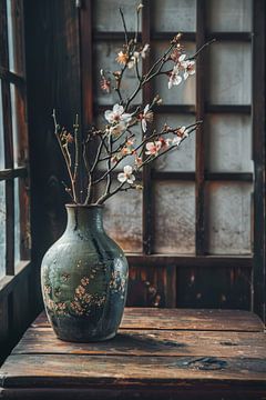 Japanse traditionele stilleven met blauwe vaas en witte bloemen van Digitale Schilderijen