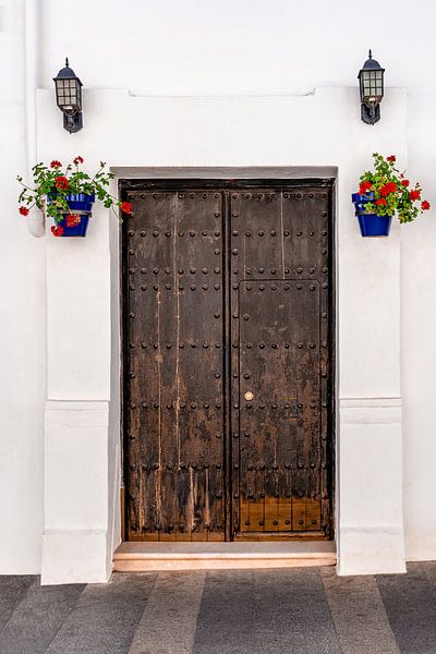 White house with an old stately wooden door with peeling varnish by Dafne Vos