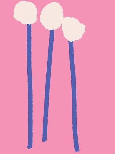 Botanische schetsen.  Drie witte en kobaltblauwe bloemen op neonroze.