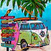 Bus Volkswagen vert sur la plage sur Happy Paintings / Renata Rolefes