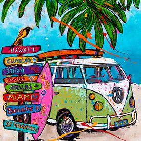 Green Volkswagen bus on the beach by Happy Paintings