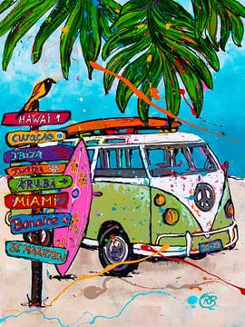 Green Volkswagen bus on the beach by Happy Paintings