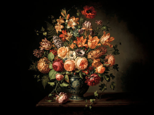 Klassisches Blumenstillleben in dunklen Farbtönen im Stil des Goldenen Zeitalters