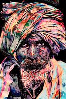 Colorful portrait of a religious man from India wearing a headscarf