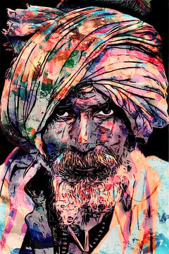 Buntes Porträt eines religiösen Mannes aus Indien mit Kopftuch von The Art Kroep