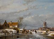 Winterlandschaft mit Schlittschuhläufern und einem koek-en-zopie, Andreas Schelfhout von Meisterhafte Meister Miniaturansicht