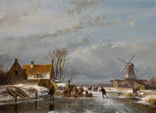 Winterlandschap met schaatsers en een koek-en-zopie, Andreas Schelfhout