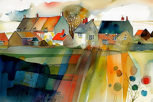 aquarel Landschap, seizoensgebonden dorp