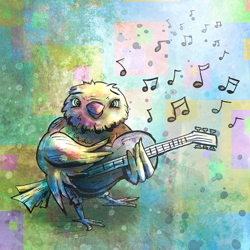 Vrolijke en kleurrijke vogel die muziek maakt