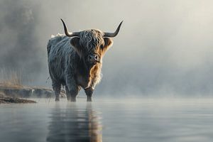 Schottischer Highlander beim Baden im mittleren Delfland