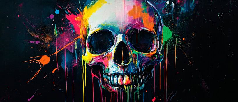 Colourful skull artwork on black by Poster Art Shop