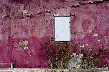 Felgekleurde achtergrond van een paarse, verweerde muur met raam van Studio LE-gals