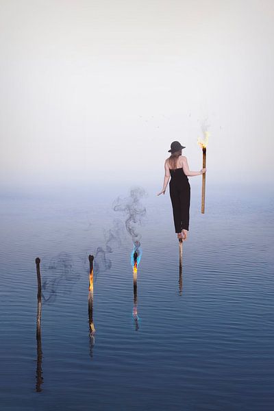 Mystical Misty Landscape With Woman and Burning Matches: Symbolic Photo Art by Elianne van Turennout