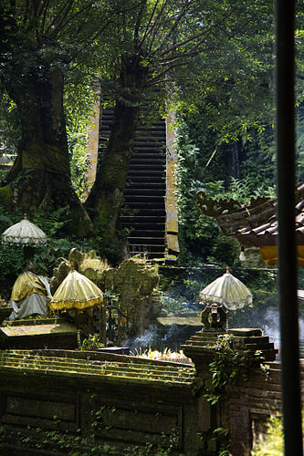 Trap in de met mos begroeide jungle, de tempel Pura Mengening, Bali