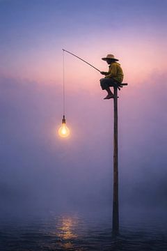 Fischer mit Licht über ruhigem Wasser