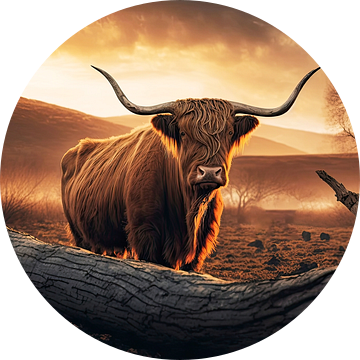 Schotse Hooglander bij zonsondergang van Vlindertuin-Art