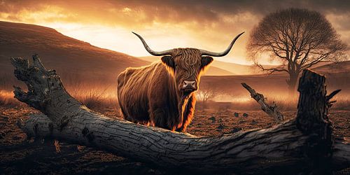 Scottish Highlander at sunset