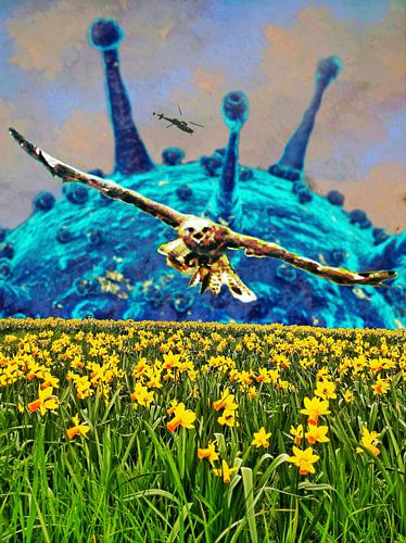 Corona au printemps (virus et buse au-dessus d'un champ de jonquilles)