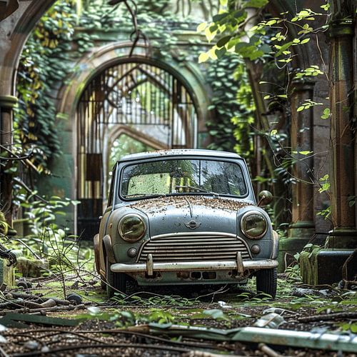 Lost Place Mini Cooper rusted turquoise forgotten backyard