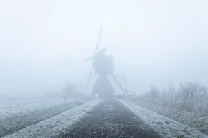 Le moulin de Zandwijk dans le brouillard hivernal