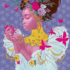 Fashionista im Pop-Art-Stil – Frühlingsstimmung – Porträt einer Frau mit Blumen und Schmetterlingen von MadameRuiz