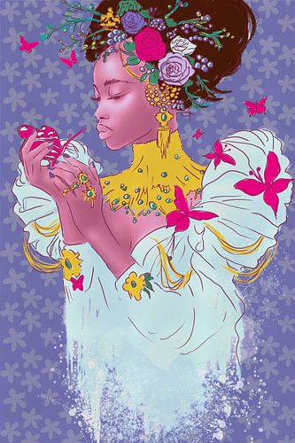 Style Pop Art Fashionista - Ambiance printanière - Portrait d'une femme avec des fleurs et des papillons sur MadameRuiz