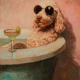 Olieverfschilderij van een relaxte hond met zonnebril in een badkuip met cocktail van But First Framing