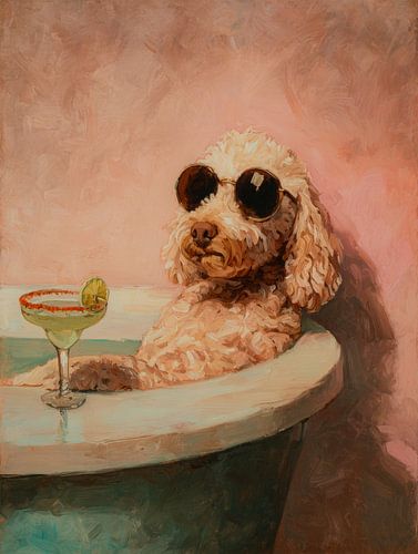 Oil painting of a relaxed dog with sunglasses in a bathtub with cocktail by But First Framing